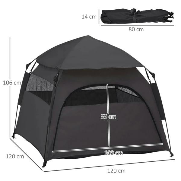 Charcoal gray large pet tent with mesh panels, front opening, and tent floor