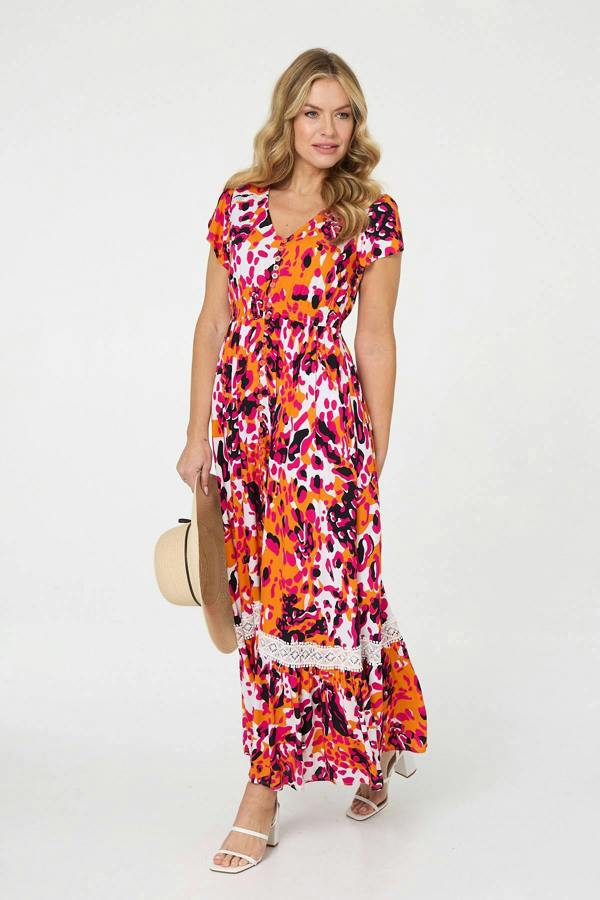 Orange | Animal Print Lace Trim V-Neck Maxi Dress