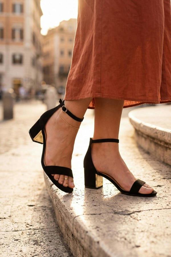 Zara Womens Ankle Strap Block Heel Sandals - BLACK