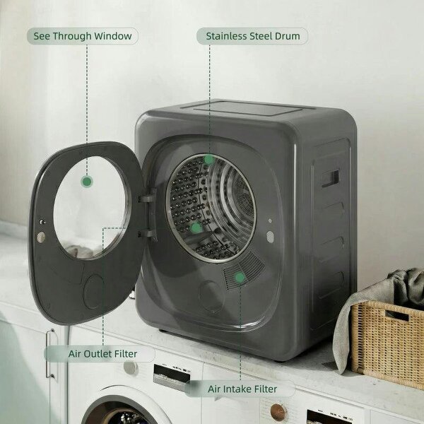 4kg Vented Tumble Dryer with 5 Drying Mode, 800W Compact Freestanding Front Tumble Dryer, Grey