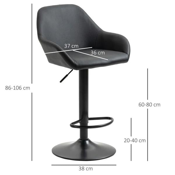 Black swivel bar stool with armrests, curved backrest, and height-adjustable pole