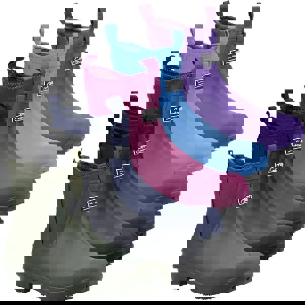 Cotswold Grosvenor Womens Pull On Ankle Wellie Wellington, colorful waterproof ankle rain boots for women in green, black, pink, blue, and purple, with pull-on tabs and durable soles.