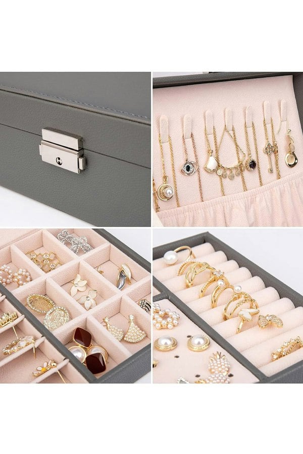 Living and Home Lockable Double Tier Faux Leather Jewellery Organizer