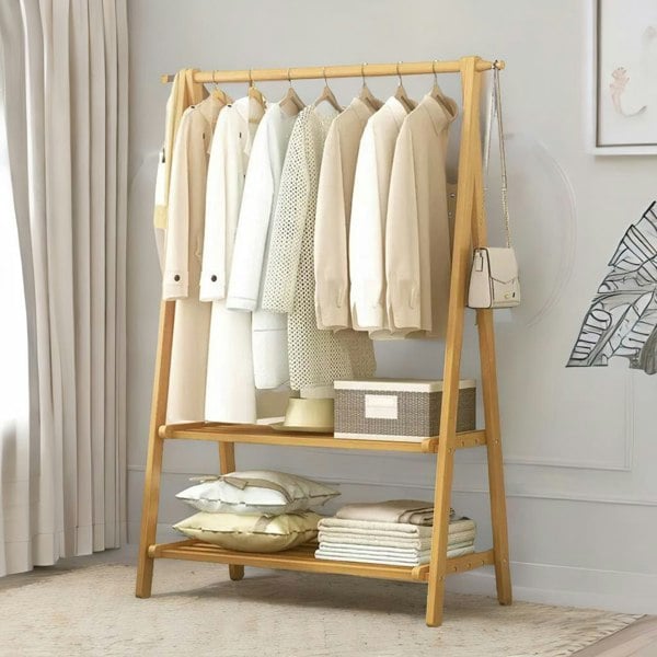 Rafaelo Mobilia Bamboo Folding Open Wardrobe Garment Rail With Storage Shelf Natural Brown