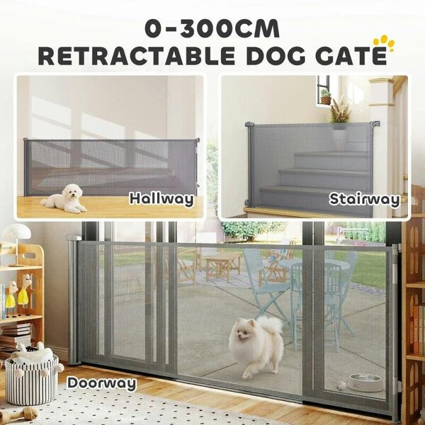 Retractable Dog Gate, Extends to 300 cm Wide & 104 cm Tall, Mesh Pet Gate Single Hand Operation, for Stairs Doorways