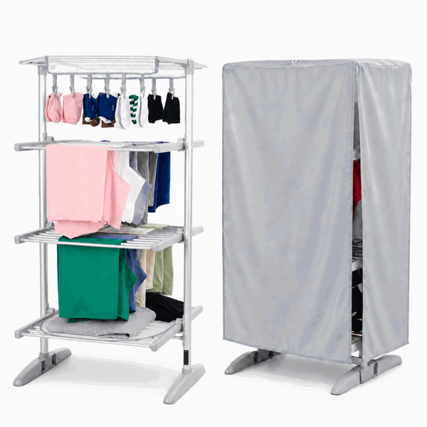 GlamHaus 4 Tier Heated Clothes Airer with Cover 300W Digital
