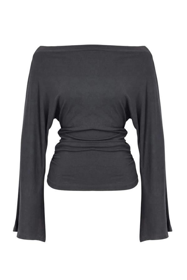 WOVCOR Fitted Boat Neck Batwing Sleeve Ribbed Blouse