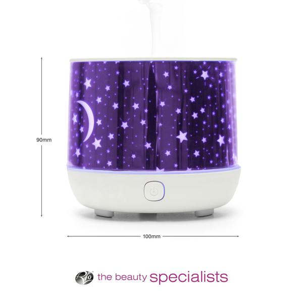 The Rio Dream Time Aroma Diffuser, Humidifier and Night Light features a purple starry night design, white base with power button, measures 90mm high by 100mm wide, and displays the beauty specialists text below.