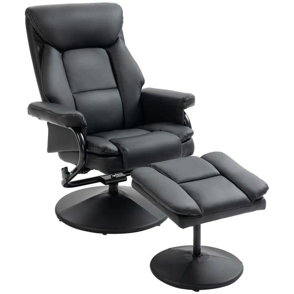 Black PU leather swivel recliner chair with attached ottoman and round pedestal base