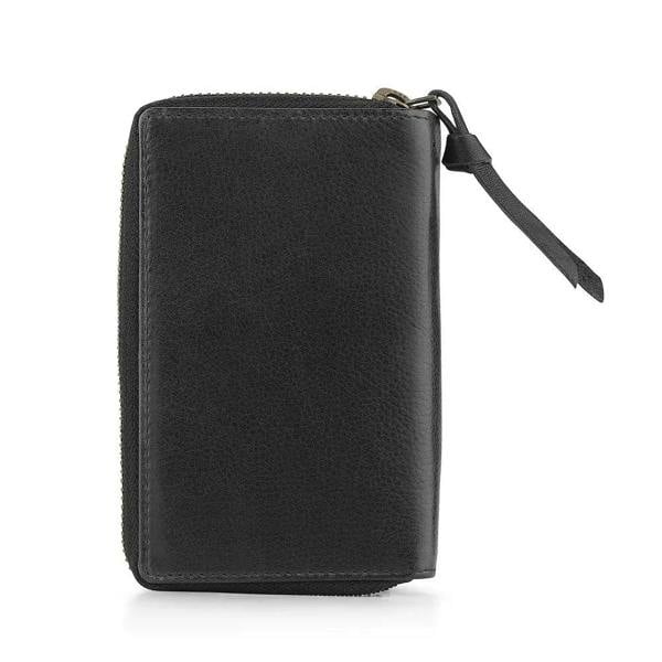 Back view of Black Renata leather bifold purse in washed Cancun finish