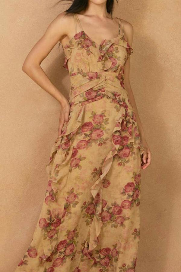 BALOU Womens Vintage Floral Ruffle Dress