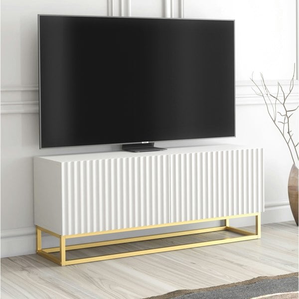 Mex Furniture White TV Unit with Gold Base 100cm – Fluted Fronts & Push-Down Doors