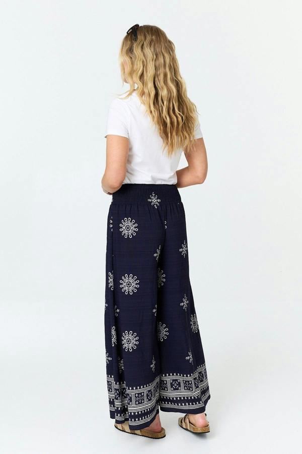 Navy | Border Print Shirred Waist Wide Trousers