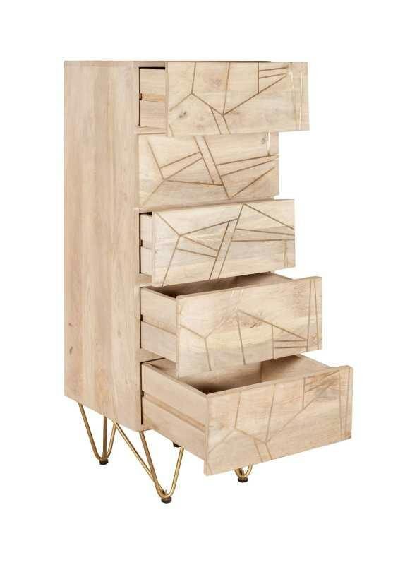 Wyld Haus Bali Light Natural Mango Wood and Gold Modern Tall 5 Drawer Storage Chest