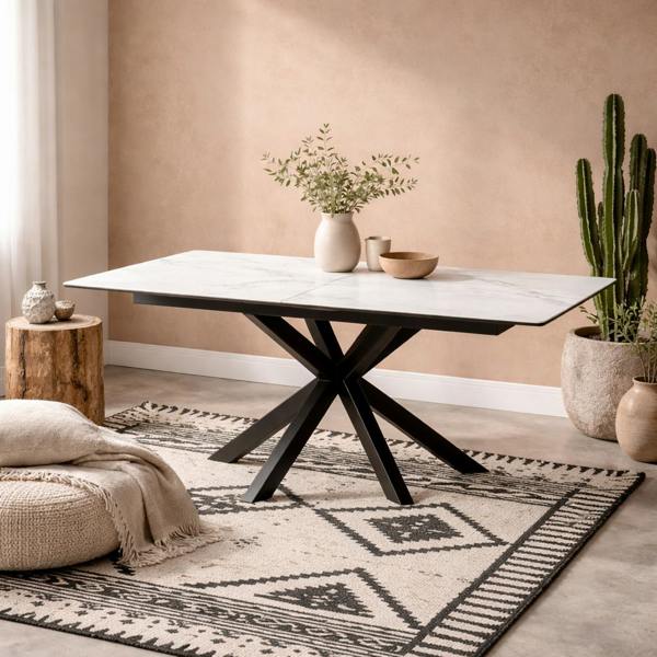 Wyld Haus Perth 200cm White Ceramic Extendable Dining Table Industrial Black Metal Legs