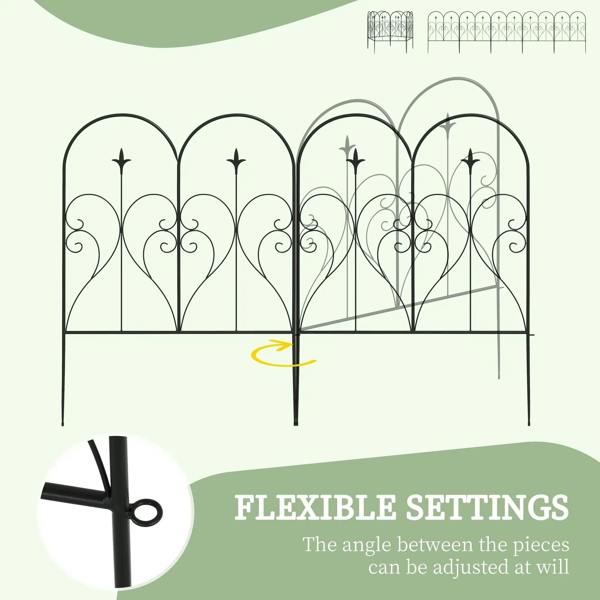 Black decorative metal fence panels with heart-shaped arches, scrollwork, and pointed finials
