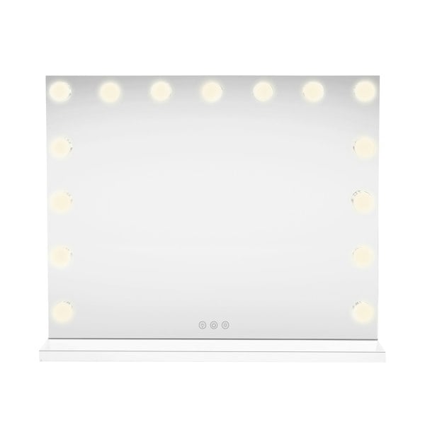 LED Bluetooth mirror measuring 58 x 46cm, featuring a sleek white frame and 12 bright round bulbs for enhanced lighting