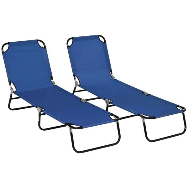 Set of two blue folding sun loungers with black metal frames and curved headrest loops