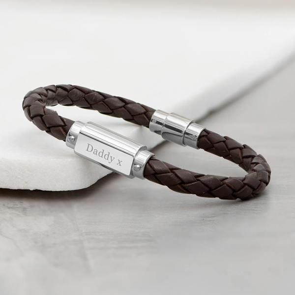 Personalised men's brown braided leather bracelet with a polished stainless steel plate engraved with Daddy x