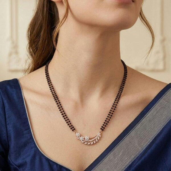 The Colourful Aura Rose Gold Plated Double Strand CZ Crystal Leaf Floral Mangalsutra Black Bead Necklace 18 Inch