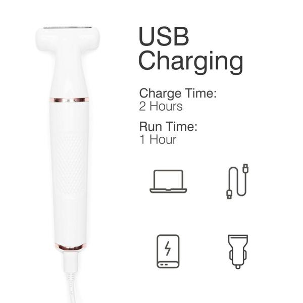 A simple diagram highlighting the USB charging capabilities of the Lady Shaver Bikini Trimmer. It emphasizes a 2-hour charge time for 1-hour use. Icons of a laptop, charging cable, and portable charger show the flexible charging options.