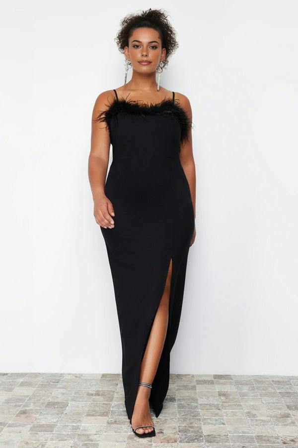 WOVCOR Feather Trimmed Strapless Woven Plus Size Evening Dress