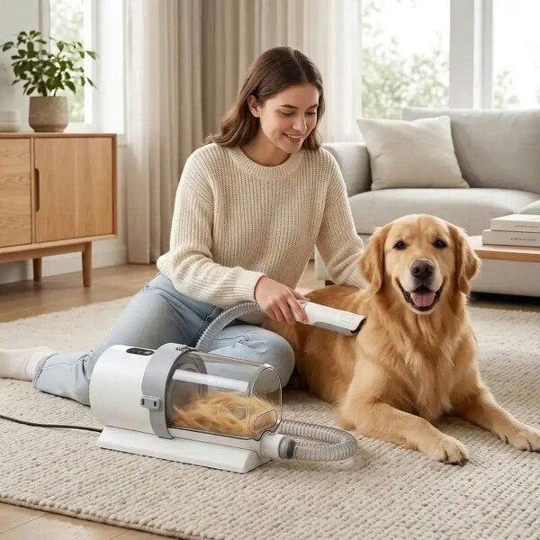 Dog Grooming Kit with 10Kpa Vacuum, 2.5L Dog Vacuum Groomer & Clipper, 5 in 1 Pet Grooming Kit, Low Noise 65dB - White