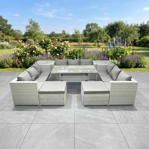 Fimous Rattan Garden Outdoor Furniture Set 11 Seater Garden Sofa Rectangulr Dining Table Set with 2 Big Footstools 2 Side Tables Light Grey Mixed