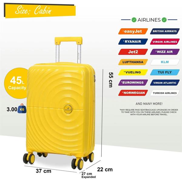Snowball Hard Shell Cabin 55 x 37 x 22 cm PP Suitcase Luggage Suitable for Easyjet, Ryanair