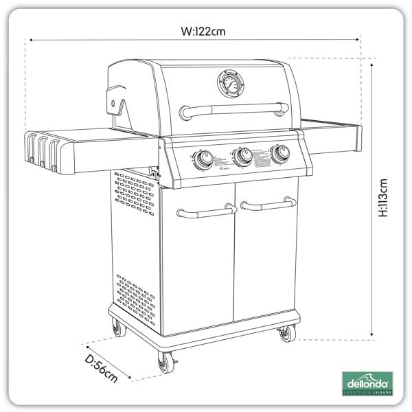 Dellonda 3 Burner Deluxe Gas BBQ Grill, Piezo Ignition, Stainless Steel, Wheels - DG16