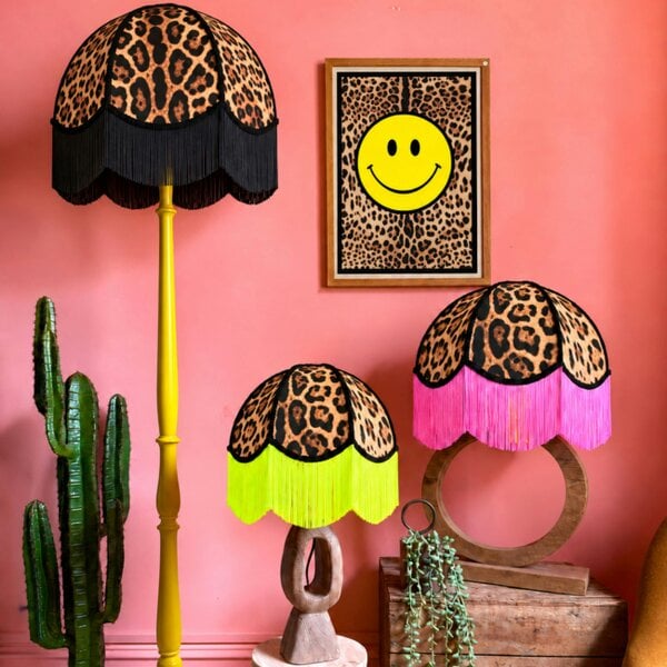 Love Frankie Pixie - Vintage Fringed Dome Lampshade in Leopardess with Pink Fringe