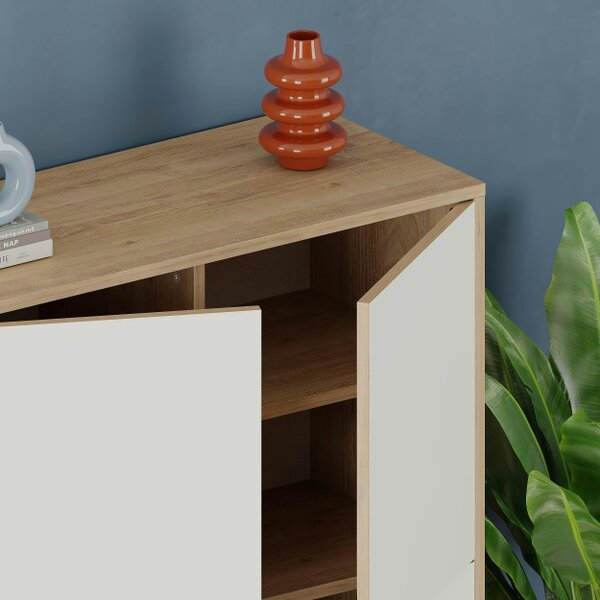 Decortie Modern Spark Cabinet 4-Doors Storage Engineered Wood Display Unit with Black Metal Legs 90(W)cm Oak
