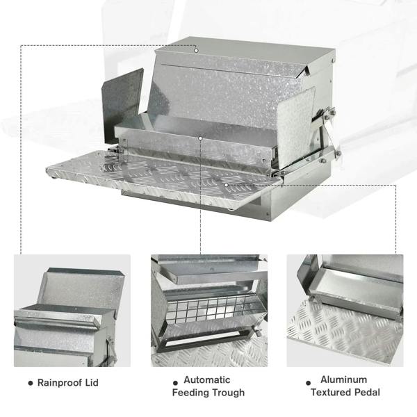 Silver poultry feeder with rainproof lid, automatic trough, and textured pedal