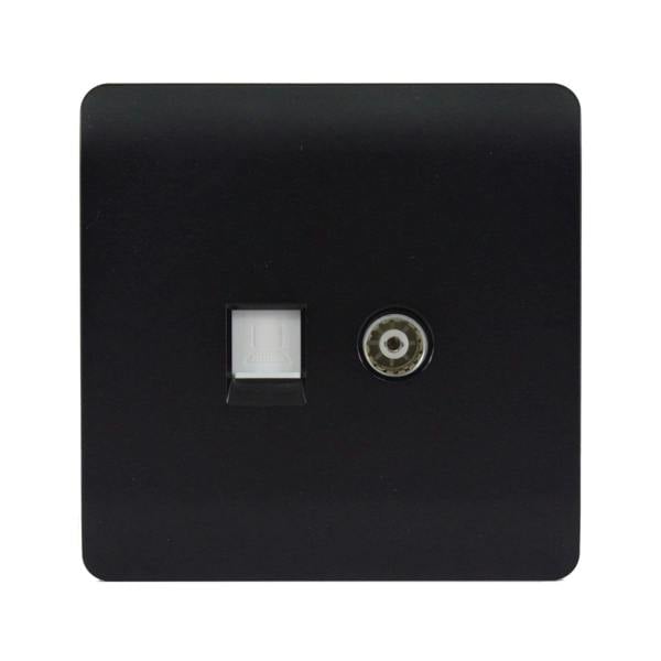 Trendi Switch 2 Gang Female TV Co-Axial & Telephone Slave Sockets in Matt Black