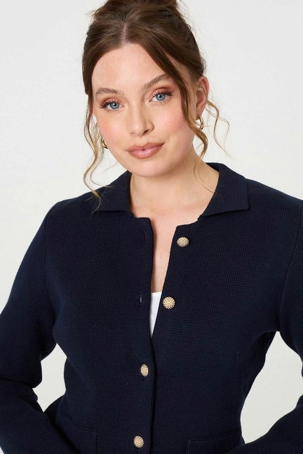 Navy | Textured Button Front Collared Jacket
