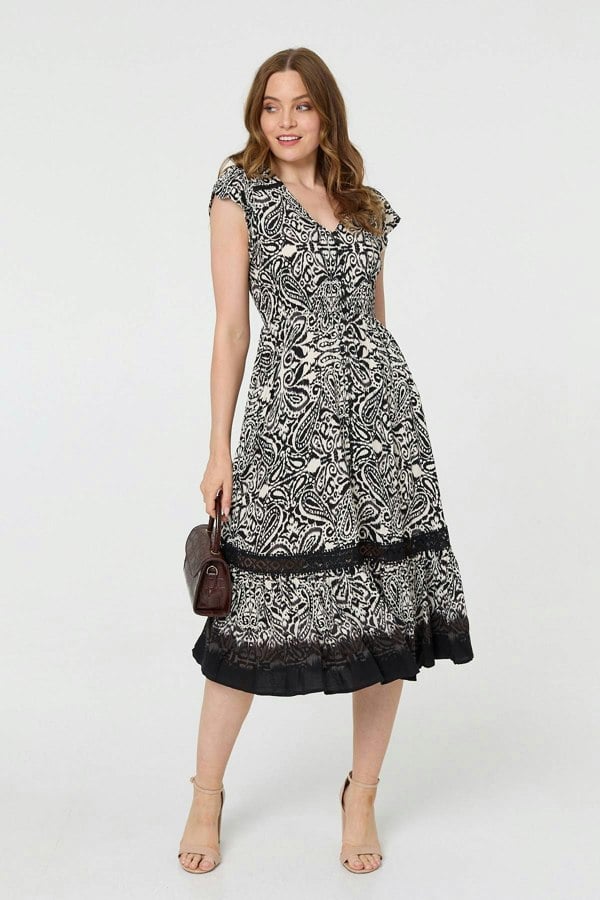 Black | Border Print Shirred Knee Length Dress