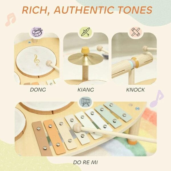 Baby Drum Kit, Wooden Kids Musical Instruments with Drums and Xylophone, Gifts for Girls Boys Birthday, Natural