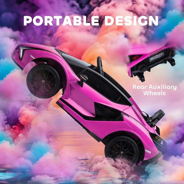 Pink electric kids ride-on car with rear auxiliary wheels and side panel details