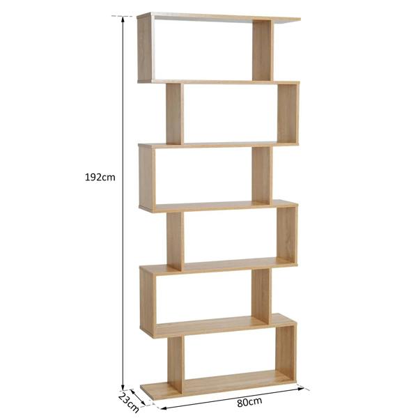 S-shaped oak bookshelf with 6 open shelves, shown with overall size dimensions