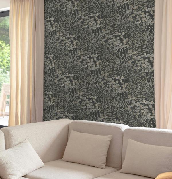 Grandeco Inia Stitched Embroidery Foliage Textured Wallpaper, Charcoal Neutral