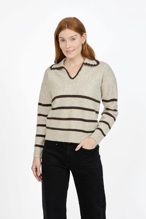 Mudflower Crochet Trim Collared Stripe Knit Jumper
