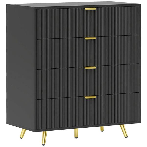 Black four-drawer bedside table with vertical ribbed fronts, gold handles and tapered legs