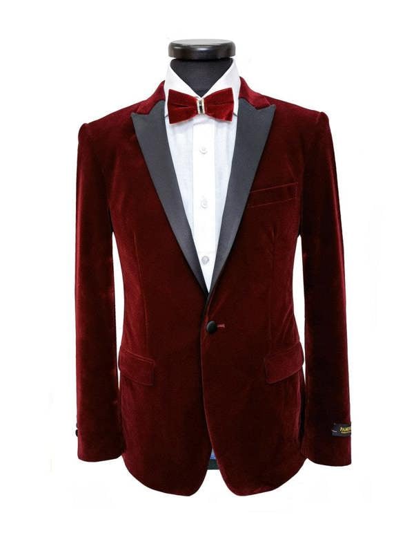 Burgundy velvet dinner jacket by PAMONI featuring a tailored fit, shiny fabric, and classic lapel for formal occasions