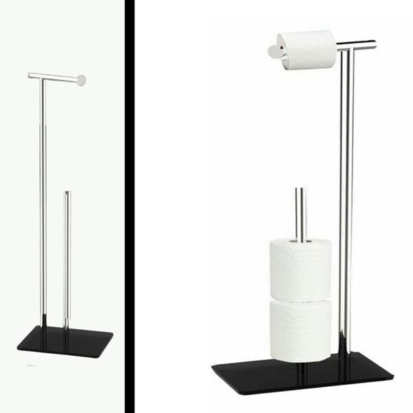 Dyzi Freestanding Toilet Roll Holder & Storer Black Glass Base 60.5cm