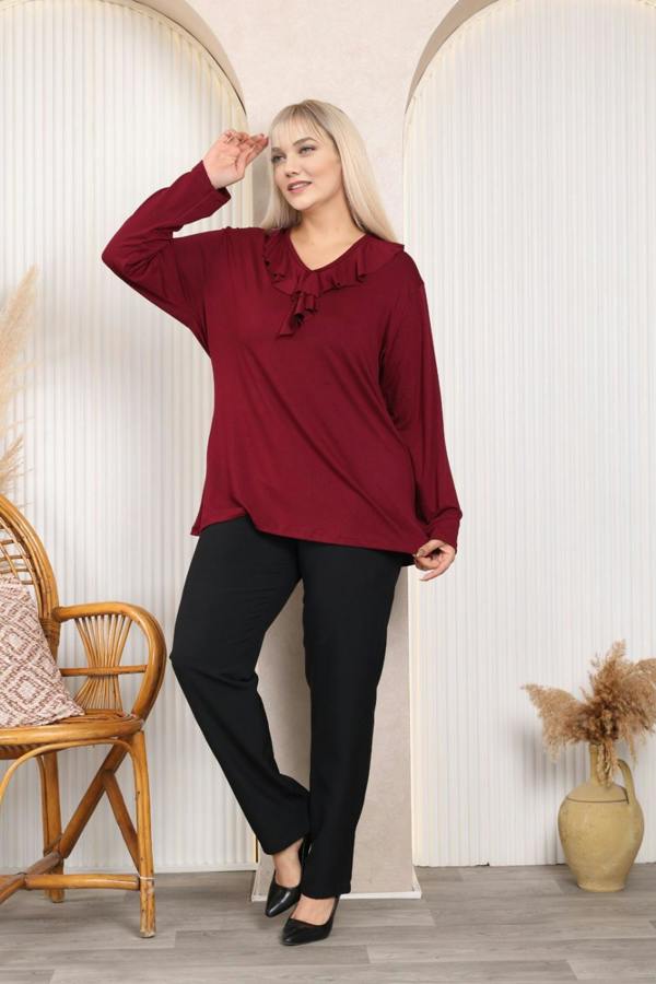 Hoxton Gal Relaxed Fit Long Sleeve Elegant Blouse with Ruffle Neckline