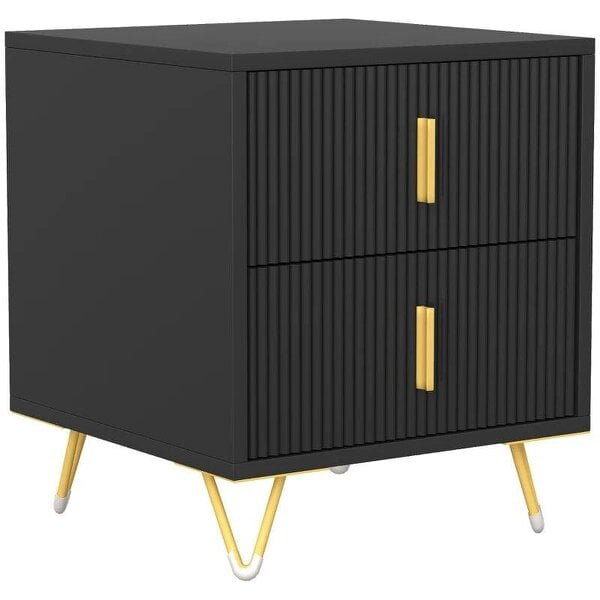 Elegant Fluted Bedside Table - Black/Gold-Tone