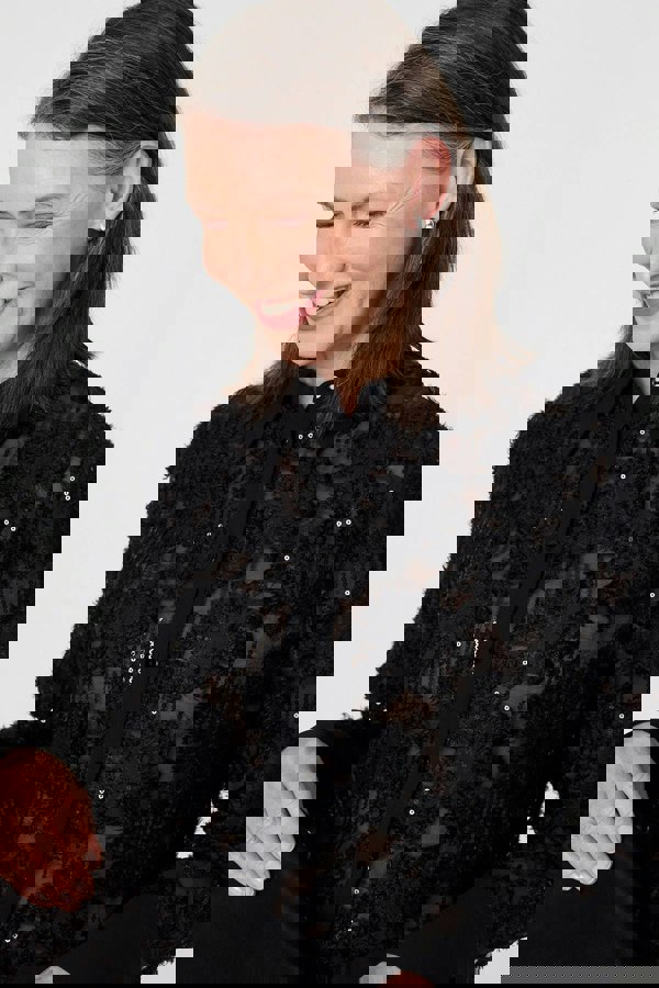 Black | Floral Sequin Lace Long Sleeve Shirt
