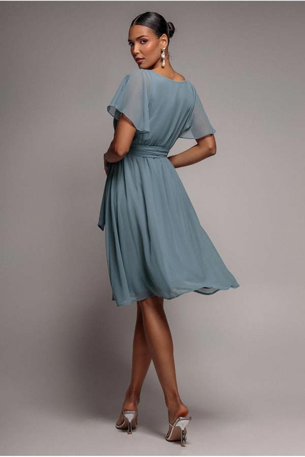 Chiffon Flutter Sleeve Wrap Midi Dress - Airforce Blue DR2555B