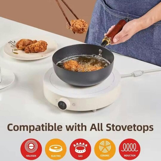 Havendro Uncoated Cast Iron Pot Wok Wooden Lid Handle Anti-Splatter Pan Soup Stock Pots
