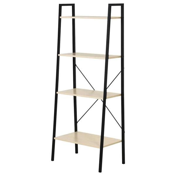 Angled view of 4-tier ladder shelf with black metal frame and light wood shelves